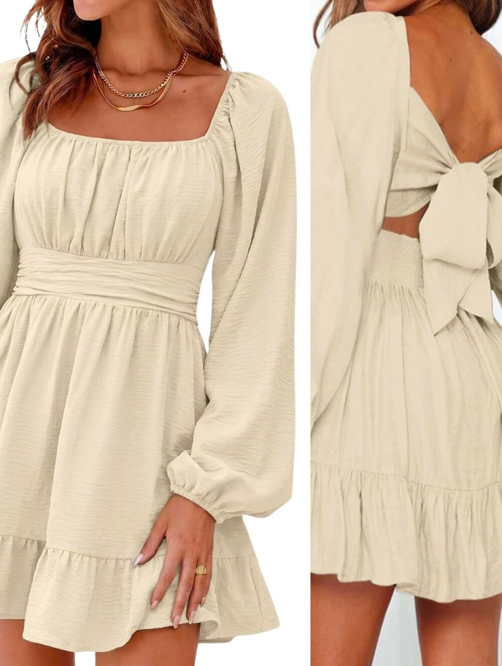 NWT A-Line S Tan Backless Tie Back Dress Lantern Sleeves Ruffle AP-1351